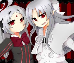 Rule 34 | 00s, 2girls, bow, capelet, company connection, flat chest, forehead jewel, hachisu susumu shion, hair bow, hairband, highres, long hair, melty blood, multiple girls, pointy ears, raised eyebrow, red eyes, robot ears, silver hair, striped, tsukihime, twintails, under night in-birth, vatista, vertical stripes, white len (tsukihime)