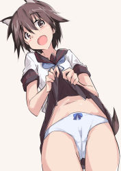 Rule 34 | 1girl, alternate costume, animal ears, bad id, bad pixiv id, beige background, black sailor collar, black skirt, blue neckerchief, bow, bow panties, brown eyes, brown hair, cameltoe, clothes lift, commentary request, cosplay, cowboy shot, dog ears, from below, fubuki (kancolle), fubuki (kancolle) (cosplay), kantai collection, lifting own clothes, looking at viewer, miyafuji yoshika, neckerchief, open mouth, panties, pleated skirt, sailor collar, school uniform, serafuku, shino (ten-m), short hair, simple background, skirt, skirt lift, smile, solo, strike witches, tail, underwear, white panties, world witches series