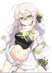 Rule 34 | 1girl, ahoge, artoria pendragon (fate), bare shoulders, black-framed eyewear, black gloves, black thighhighs, blonde hair, bottomless, braid, braided bun, breasts, cowboy shot, fate/grand order, fate (series), french braid, from above, garter straps, glasses, gloves, hair between eyes, hair bun, hair ribbon, highres, jacket, long sleeves, looking at viewer, midriff, mysterious heroine x alter (fate), mysterious idol x alter (fate), namonashi, navel, no panties, open clothes, open jacket, partially fingerless gloves, plectrum, ribbon, semi-rimless eyewear, simple background, small breasts, thighhighs, white background, white jacket, wide sleeves, yellow eyes