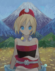 Rule 34 | 1girl, absurdres, arm wrap, blonde hair, blue eyes, blue sky, closed mouth, creatures (company), cropped arms, cropped torso, field, game freak, grass, hair between eyes, hairband, highres, irida (pokemon), jewelry, looking at viewer, mount fuji, mountain, mountainous horizon, nature, neck ring, nintendo, nishinori (24no71), pearl clan outfit, pokemon, pokemon legends: arceus, red hairband, red shirt, sash, scenery, shirt, short hair, sky, solo, strapless, strapless shirt, upper body
