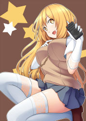 Rule 34 | + +, 1girl, :d, between breasts, blonde hair, breasts, brown background, chain, controller, elbow gloves, from side, gloves, kneeling, loafers, long hair, looking at viewer, open mouth, pinkwaters, pleated skirt, remote control, school uniform, shoes, shokuhou misaki, short sleeves, skirt, smile, solo, spider web print, star (symbol), strap between breasts, sweater vest, symbol-shaped pupils, thighhighs, toaru kagaku no railgun, toaru majutsu no index, white gloves, white thighhighs, yellow eyes, zettai ryouiki