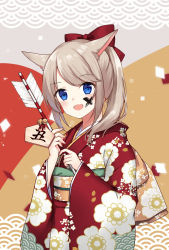 Rule 34 | 1girl, :d, animal ear fluff, animal ears, arrow (projectile), bell, blue eyes, blush, bow, brown hair, ema, facepaint, floral print, hair bow, hamaya, highres, holding, holding arrow, japanese clothes, jingle bell, kimono, kinatsu ship, long sleeves, looking at viewer, obi, open mouth, original, ponytail, print kimono, red bow, red kimono, sash, sleeves past wrists, smile, solo, wide sleeves