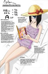Rule 34 | 10s, 1girl, black hair, blue eyes, blush, casual one-piece swimsuit, chair, character name, character profile, colorized, comic ryu, cyclops, frilled swimsuit, frills, hard-translated, hat, lounge chair, manako, measurements, monster girl, monster musume no iru nichijou, non-web source, okayado, one-eyed, one-piece swimsuit, reading, short hair, solo, sun hat, swimsuit, third-party edit, translated