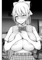 Rule 34 | 1girl, blurry, blurry background, blush, bow, bowtie, breasts, classroom, clothes lift, collared shirt, cowboy shot, depth of field, diisuke, greyscale, hair between eyes, hair bow, hair ornament, hairclip, higuchi kaede, higuchi kaede (3rd costume), huge breasts, indoors, large areolae, lifting own clothes, long hair, looking away, monochrome, nijisanji, ponytail, school uniform, shirt, shirt lift, short sleeves, skirt, solo, standing, sweater vest, tears, trembling, very long hair, virtual youtuber, wing collar