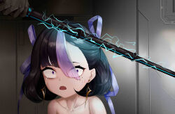 Rule 34 | 1boy, 1girl, absurdres, baton (weapon), black gloves, black hair, chinese commentary, commander (nikke), commentary request, crying, crying with eyes open, electricity, expandable baton, gloves, goddess of victory: nikke, hair ribbon, highres, mole, mole under eye, multicolored hair, open mouth, purple eyes, purple hair, purple ribbon, ribbon, short hair, streaked hair, syuen (nikke), tears, topless, wangx (252865616), weapon, white hair, wide-eyed