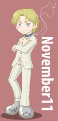 Rule 34 | 00s, 1boy, blonde hair, blue eyes, blush stickers, character name, cigarette, crossed arms, darker than black, formal, full body, male focus, necktie, november 11 (darker than black), simple background, smoking, solo, standing, suit, white suit