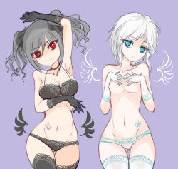 Rule 34 | 10s, 2girls, anastasia (idolmaster), arm up, armpits, black bow, black bra, black gloves, black legwear, black panties, blue eyes, bow, bra, breast lift, breasts, choker, cleavage, collarbone, contrapposto, covering privates, covering breasts, drill hair, elbow gloves, eyelashes, facing viewer, gloves, gluteal fold, hair bow, idolmaster, idolmaster cinderella girls, kanzaki ranko, lace, lace-trimmed bra, lace-trimmed gloves, lace-trimmed legwear, lace-trimmed panties, lace trim, long hair, looking at viewer, medium breasts, multiple girls, navel, panties, purple background, raptor7, red eyes, small breasts, smile, spider web print, standing, tattoo, thighhighs, thighs, tsurime, twintails, underwear, white gloves, white hair, white legwear, white panties, wide hips, wing print, wings