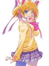 Rule 34 | 1girl, ahoge, akayama yukihe, arm at side, blonde hair, blue eyes, blush, bow, breasts, closed mouth, commentary, cowboy shot, doughnut, eyes visible through hair, food, food in mouth, from side, grey skirt, hair between eyes, hair ornament, hair ribbon, hand on own cheek, hand on own face, hand up, highres, kamikita komari, little busters!, long ribbon, looking at viewer, medium breasts, medium hair, miniskirt, pink bow, plaid, plaid skirt, pleated skirt, red ribbon, ribbon, school uniform, simple background, skirt, sleeves past wrists, smile, solo, spiked hair, standing, star (symbol), star hair ornament, sweater, two side up, white background, yellow sweater