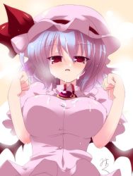 Rule 34 | 1girl, alternate breast size, blue hair, breasts, cum, cum on body, cum on breasts, cum on upper body, facial, huge breasts, miuku (marine sapphire), aged up, red eyes, remilia scarlet, solo, touhou