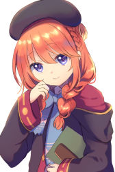 Rule 34 | 1girl, beret, black hat, black jacket, blue bow, blue eyes, bow, braid, carrying, carrying under arm, closed mouth, commentary request, gucchiann, hair between eyes, hair over shoulder, hand up, hat, highres, hood, hood down, hooded coat, hooded jacket, jacket, long hair, long sleeves, looking at viewer, orange hair, princess connect!, simple background, smile, solo, upper body, white background, wide sleeves, yuni (princess connect!)