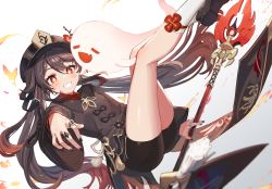 Rule 34 | 1girl, black coat, black hat, black shorts, blush, breasts, brown hair, coat, coattails, flower, genshin impact, ghost, grin, hat, hat flower, highres, hu tao (genshin impact), long hair, long sleeves, looking at viewer, plum blossoms, polearm, red eyes, shorts, small breasts, smile, solo, spear, staff of homa (genshin impact), symbol-shaped pupils, thighs, twintails, very long hair, weapon, yu-ri (arium047)
