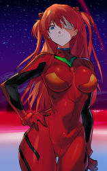 Rule 34 | 1girl, bandage over one eye, bandages, blue eyes, breasts, closed mouth, expressionless, frown, hand on own hip, highres, long hair, looking at viewer, medium breasts, negresco, neon genesis evangelion, night, night sky, orange hair, plugsuit, shiny clothes, sky, solo, souryuu asuka langley, standing, twintails