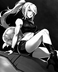 Rule 34 | 1girl, boots, breasts, crop top, greyscale, long hair, looking at viewer, medium breasts, metroid, metroid (creature), miss faves, mole, mole under mouth, monochrome, nintendo, parted lips, ponytail, samus aran, short shorts, shorts, sidelocks, sitting