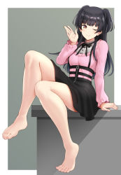 Rule 34 | 1girl, ;), arm support, barefoot, black hair, black ribbon, black skirt, blush, border, brown eyes, buttons, closed mouth, commentary request, desk, doregusu, feet, female focus, fingernails, frilled shirt, frilled shirt collar, frilled sleeves, frills, full body, green background, hand up, high-waist skirt, highres, idolmaster, idolmaster shiny colors, legs, legs up, long hair, long sleeves, looking at viewer, mayuzumi fuyuko, neck ribbon, on desk, one eye closed, outside border, pink shirt, ribbon, shirt, sitting, on desk, skirt, smile, solo, toenails, toes, two side up, white border