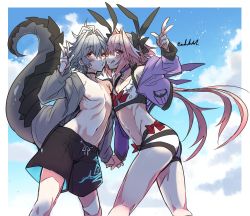 Rule 34 | 2boys, ass, astolfo (fate), blush, bow, choker, cloud, collarbone, commentary request, day, dragon tail, eyes visible through hair, fate/apocrypha, fate (series), feet out of frame, grey hair, hair between eyes, haoro, highres, jacket, long hair, long sleeves, looking at viewer, male focus, midriff, multicolored hair, multiple boys, navel, nipples, outdoors, pink eyes, pink hair, shorts, sieg (fate), sky, standing, stomach, streaked hair, swimsuit, tail, tongue, tongue out, trap, two-tone hair, v, white hair, yaoi