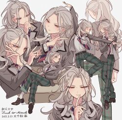 Rule 34 | 1boy, bad id, bad pixiv id, brown footwear, closed mouth, collared shirt, couch, crossed arms, crossed legs, ensemble stars!, finger to mouth, green pants, grey hair, grey jacket, hair between eyes, hand up, highres, jacket, loafers, long hair, long sleeves, male focus, meremero, multiple views, necktie, on couch, pants, plaid, plaid pants, ponytail, ran nagisa, red eyes, school uniform, shirt, shoes, shuetsu school uniform, sitting, standing, standing on one leg, striped necktie, translation request, white shirt