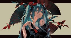 Rule 34 | 1girl, absurdres, aqua eyes, aqua hair, aqua nails, bare shoulders, black kimono, commentary request, earrings, flower, folding fan, hair between eyes, hair flower, hair ornament, hair over shoulder, hand fan, hand up, hatsune miku, highres, japanese clothes, jewelry, kimono, letterboxed, long hair, looking at viewer, nyansky, parted lips, smile, solo, twintails, upper body, vocaloid, wide sleeves