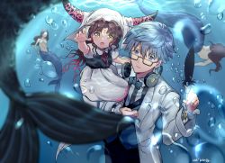 Rule 34 | 1boy, 1girl, age switch, blue eyes, blue hair, blurry, blush, brown hair, bubble, child, depth of field, dress, facial mark, fate/extra, fate/extra ccc, fate (series), feathers, forehead mark, glasses, hans christian andersen (fate), highres, horns, ink pen, lab coat, mermaid, monster girl, nib pen (object), aged up, pen, sessyoin kiara, topless, underwater, uuruung, veil, yellow eyes, aged down
