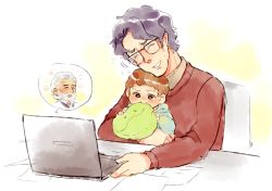 Rule 34 | amuro ray, biting, brown hair, bulecelup, computer, facial hair, father and son, glasses, gundam, haro, highres, laptop, mobile suit gundam, multiple boys, purple hair, sweater, tem ray, white hair, aged down
