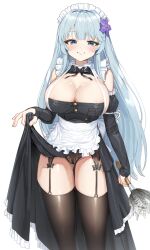 Rule 34 | 1girl, absurdres, black bow, black bowtie, black panties, blue eyes, blue hair, blush, bow, bowtie, breasts, brown thighhighs, cleavage, commission, duster, feather duster, flower, garter straps, goback, hair flower, hair ornament, highres, holding, large breasts, long hair, looking at viewer, maid, maid headdress, original, panties, simple background, smile, solo, thighhighs, thighs, underwear, white background