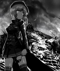 Rule 34 | 10s, 1girl, beret, crazy eyes, destruction, girls und panzer, glasses, greyscale, hat, holding, jacket, looking at viewer, military, military vehicle, miniskirt, monochrome, motor vehicle, multiple girls, nelo anjuurou, nishizumi miho, no mouth, pleated skirt, short hair, skirt, smoke, solo focus, standing, sunglasses, t-34, tank, tiger i, vehicle request