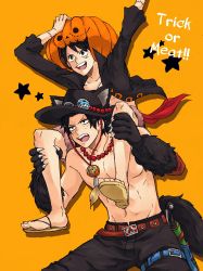 Rule 34 | 2boys, animal hands, artist request, brothers, carrying, costume, gloves, halloween, hat, highres, jack-o&#039;-lantern, jewelry, male focus, monkey d. luffy, multiple boys, necklace, one piece, orange background, paw gloves, portgas d. ace, pumpkin, sandals, siblings, stampede string, tail, thigh strap