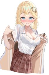 Rule 34 | 1girl, absurdres, blonde hair, blue eyes, blush, bra, bra visible through clothes, breasts, cleavage, collared shirt, commentary, dripping, english commentary, hair ornament, highres, hololive, hololive english, hot, jacket, large breasts, looking at viewer, medium hair, nervous smile, removing jacket, rimu (user akkm3425), see-through, see-through shirt, shirt, simple background, skirt, smile, solo, sweat, sweaty clothes, swept bangs, underwear, upper body, virtual youtuber, watson amelia, watson amelia (1st costume), white background, white shirt