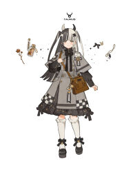 Rule 34 | 1girl, bag, black bow, black bowtie, black eyes, black footwear, black gemstone, black hair, blush, bow, bowtie, brown bag, buttons, checkered clothes, closed mouth, constellation, crescent, demon, demon horns, doll joints, dress, flower, frilled socks, frills, full body, gem, grey dress, hair bow, hand up, holding strap, horns, jar, jewelry, joints, kneehighs, light smile, long hair, long sleeves, looking ahead, looking at viewer, multicolored hair, multicolored horns, necklace, orange flower, original, puffy long sleeves, puffy sleeves, smile, socks, split-color hair, starshadowmagician, straight-on, striped, taurus (constellation), taurus (symbol), taurus (zodiac), white background, white bow, white hair, white socks, zodiac
