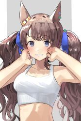 Rule 34 | 1girl, animal ears, armpits, arms up, bare shoulders, blush, breasts, brown hair, commentary request, ear ornament, grey background, grey eyes, hair ornament, highres, horse ears, horse girl, long hair, looking at viewer, medium breasts, midriff, smile, solo, solokitsune, tank top, tosen jordan (umamusume), twintails, two-tone background, umamusume, upper body, white background, white tank top