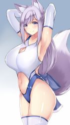 Rule 34 | 1girl, animal ears, armpits, arms behind head, arms up, bare shoulders, breasts, cleavage, cleavage cutout, clothing cutout, competition swimsuit, cowboy shot, elbow gloves, fox ears, fox girl, fox tail, gloves, gradient background, highres, large breasts, long hair, looking at viewer, mole, mole under eye, navel, one-piece swimsuit, original, purple eyes, silver hair, smile, sogaya, solo, standing, stomach, stomach cutout, swimsuit, tail, tail raised, thighhighs, thighs, white gloves, white thighhighs