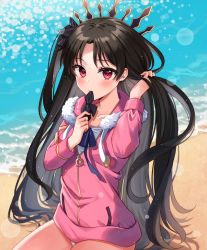 Rule 34 | 1girl, beach, black hair, black ribbon, blurry, blush, bokeh, closed mouth, commentary request, day, depth of field, fate/grand order, fate (series), fur-trimmed jacket, fur trim, hair ribbon, highres, holding, holding ribbon, hood, hood down, hooded jacket, ishtar (fate), ishtar (swimsuit rider) (fate), jacket, long hair, long sleeves, looking at viewer, ocean, on ground, one side up, outdoors, parted bangs, pink jacket, red eyes, ribbon, sitting, solo, tying hair, very long hair, water, zhi (yammycheese), zipper pull tab