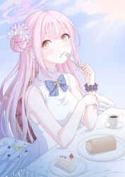 1girl 2023 angel angel_wings bare_shoulders baumkuchen blue_archive blue_bow blue_bowtie blunt_bangs blush bow bowtie bright_pupils cake cake_slice closed_mouth commentary_request cup dated_commentary day dress elbows_on_table flower food food_on_face fork hair_bun hair_flower hair_ornament halo hands_up highres holding holding_fork lips long_hair looking_at_viewer low_wings mika_(blue_archive) outdoors pink_hair pink_halo plate purple_flower scrunchie sidelocks single_side_bun sleeveless sleeveless_dress solo straight_hair sunlight teacup upper_body very_long_hair white_dress white_wings wings wrist_scrunchie yellow_eyes yuki_aria