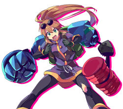 Rule 34 | 1girl, bodysuit, breasts, brown hair, commentary request, eyewear on head, gloves, green eyes, ishiwari, jacket, long hair, looking at viewer, mechanical arms, open mouth, pantyhose, ponytail, precis neumann, single mechanical arm, skirt, smile, solo, spandex, star ocean, star ocean the second story, torn clothes, torn pantyhose