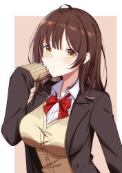 Rule 34 | 1girl, absurdres, beige cardigan, black jacket, blazer, blush, bow, bowtie, breasts, brown hair, cardigan, closed mouth, commentary, female focus, hige wo soru. soshite joshikousei wo hirou., highres, jacket, large breasts, long hair, long sleeves, looking at viewer, miuna (498475051), ogiwara sayu, open clothes, open jacket, red bow, red bowtie, school uniform, sleeves past fingers, sleeves past wrists, solo, upper body, yellow eyes