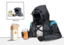 Rule 34 | 1other, arknights, black gloves, carton, coat, cup, doctor (arknights), gloves, highres, holding, holding cup, hood, hood up, hooded coat, juice, mask, open clothes, open coat, orange juice, oxy (ho2), reference inset, simple background, solo, upper body, white background