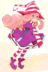 Rule 34 | 1girl, chiimako, commentary, dress, hat, humanization, juliet sleeves, long hair, long sleeves, mario (series), neckerchief, nintendo, open mouth, paper mario, paper mario: the thousand year door, personification, pink eyes, pink hair, puffy sleeves, scarf, solo, striped clothes, striped headwear, very long hair, vivian (paper mario), witch hat