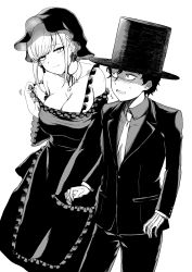 Rule 34 | 1boy, 1girl, absurdres, alice lendrott, black dress, black headwear, black pants, black suit, blush, bocchan (shinigami bocchan to kuro maid), breasts, cleavage, cross, cross earrings, dress, earrings, eye contact, formal, frilled dress, frills, gloves, greyscale, hat, highres, jewelry, large breasts, long sleeves, looking at another, monochrome, necklace, necktie, pants, shinigami bocchan to kuro maid, sho (wnmf3234), short hair, standing, strap slip, suit, sweat, top hat, white gloves, white necktie