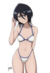 Rule 34 | 1girl, absurdres, bikini, black hair, bleach, breasts, commentary, cowboy shot, english commentary, hair between eyes, highleg, highleg bikini, highres, kuchiki rukia, looking at viewer, mistowing, purple eyes, short hair, simple background, small breasts, smile, solo, standing, swimsuit, white background