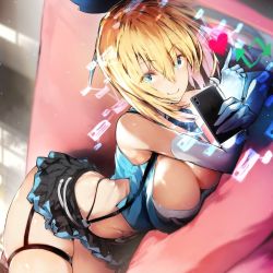 Rule 34 | 1girl, blonde hair, blue eyes, breasts, cellphone, chaise longue, elbow gloves, eyes visible through hair, female focus, gloves, heart, holding, holding phone, hologram, large breasts, looking at viewer, lying, mirai akari, mirai akari project, nishiide kengorou, phone, skindentation, sleeveless, smartphone, smile, solo, suspenders, virtual youtuber
