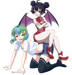 Rule 34 | 2girls, absurdres, ahoge, all fours, bare legs, bare shoulders, bat wings, black hair, black legwear, black sclera, blue hair, breasts, brown eyes, china dress, chinese clothes, cleavage cutout, clothing cutout, colored sclera, corona-chan, coronavirus, coronavirus pandemic, crescent, crescent hair ornament, crop top, crossed arms, crying, crying with eyes open, demon girl, demon wings, double bun, dress, earth-chan, glee-chan, green hair, hair ornament, highres, looking at viewer, midriff, multicolored hair, multiple girls, nail polish, no shoes, original, pale skin, personification, red dress, red footwear, ringed eyes, runny nose, sad, shirt, short hair, shorts, sitting, sitting on person, sleeveless, sleeveless dress, small breasts, smile, snot, sun hair ornament, t-shirt, tagme, tears, thighhighs, transparent background, two-tone hair, wings, yellow eyes, zettai ryouiki