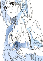 Rule 34 | 1girl, armband, blue theme, bow, bow bra, bra, breasts, cleavage, dress shirt, glasses, hands up, looking at viewer, medium breasts, monochrome, parsley-f, parted lips, partially unbuttoned, rimless eyewear, school uniform, shirt, sketch, solo, unbuttoned, unbuttoned shirt, underwear, wet, wet clothes, wet shirt
