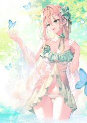 Rule 34 | 1girl, bug, butterfly, green eyes, insect, panties, partially submerged, riichu, solo, underwear, water, wet, wet clothes, white panties