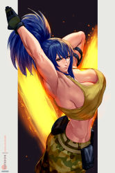 Rule 34 | 1girl, armlet, arms up, bare shoulders, belt, blue eyes, blue hair, breasts, camouflage, camouflage pants, dog tags, gloves, large breasts, leona heidern, pants, ponytail, pouch, rejean dubois, snk, solo, tank top, the king of fighters, the king of fighters xiv, the king of fighters xv, yellow tank top