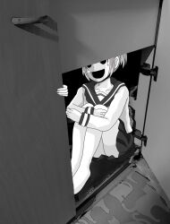 Rule 34 | 1girl, bags under eyes, bare legs, barefoot, borrowed character, collarbone, commentary request, cupboard, dango-chan (4shi), extra hands, greyscale, highres, hollow eyes, horror (theme), hugging own legs, kirin142, long sleeves, monochrome, open mouth, original, school uniform, serafuku, shirt, short hair, sitting, skirt, smile, solo