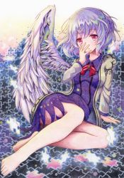 Rule 34 | 1girl, barefoot, blue hair, bow, bowtie, brooch, commentary request, dress, feathered wings, highres, jacket, jewelry, kishin sagume, kittona, long sleeves, puzzle piece, red eyes, short hair, single wing, sitting, solo, touhou, traditional media, watercolor pencil (medium), wings