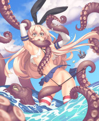 Rule 34 | 10s, 1girl, animal ears, armpits, assisted exposure, black panties, blonde hair, censored, convenient censoring, day, elbow gloves, erotibot, flying sweatdrops, gloves, imminent rape, kantai collection, long hair, navel, octopus, open mouth, panties, panty pull, rabbit ears, shimakaze (kancolle), shiny skin, signature, skindentation, skirt, solo, string panties, striped clothes, striped thighhighs, sweat, tentacles, thighhighs, torn clothes, underwear, water, yellow eyes