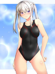 Rule 34 | 1girl, bad id, bad pixiv id, black one-piece swimsuit, blonde hair, blue background, breasts, commentary request, competition swimsuit, contrapposto, cowboy shot, graf zeppelin (kancolle), hair between eyes, highres, kantai collection, lens flare, long hair, looking at viewer, one-piece swimsuit, purple eyes, sebunsu, sidelocks, small breasts, solo, standing, swimsuit, tsurime, twintails