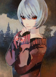 Rule 34 | 1girl, acrylic paint (medium), ayanami rei, blue hair, brush (medium), cross, cross necklace, highres, jewelry, necklace, neon genesis evangelion, ootsuki kana, own hands together, painting (medium), red eyes, short hair, solo, sweater, traditional media, tree, upper body