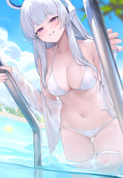 Rule 34 | 1girl, absurdres, bare shoulders, bikini, blue archive, breasts, cleavage, grey hair, highres, looking at viewer, medium breasts, nagata gata, noa (blue archive), outdoors, purple eyes, smile, solo, swimsuit