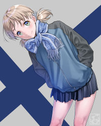 Rule 34 | 1girl, aki (girls und panzer), artist logo, artist name, bad id, bad pixiv id, black skirt, black sleeves, blonde hair, blue jacket, blue scarf, blush, closed mouth, commentary request, cowboy shot, finnish flag, flag background, fringe trim, girls und panzer, green eyes, hands in hair, jacket, keizoku military uniform, leaning to the side, long hair, long sleeves, looking at viewer, low twintails, miniskirt, pairan, pleated skirt, raglan sleeves, scarf, short twintails, skirt, smile, solo, tareme, twintails